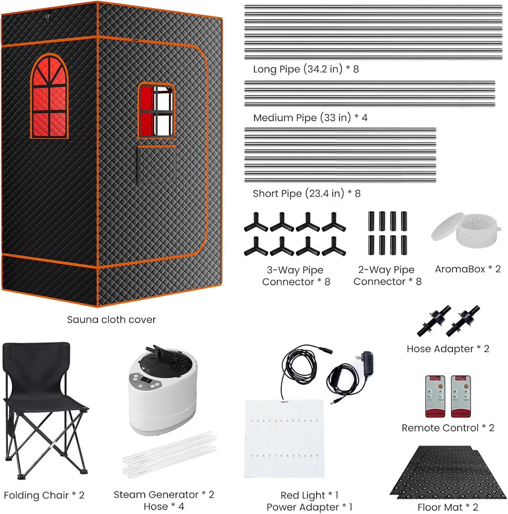 Upgraded Portable Sauna, Portable Sauna Tent for Home with 3L & 1200W Steamer and Folding Chair, Extra Large Size 2-Person Home SPA Steam Sauna Box with Remote Control, 9 Levels Heating